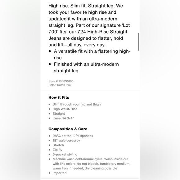 NWT Levi's 724 High Rise Slim Straight Corduroy Pants Mint Green W30 L32 $70 - Picture 5 of 5